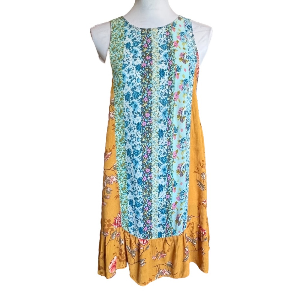 Hayden Sleeveless Boho Peasant Cottagecore Tunic Style Dress Mixed Floral Print‎